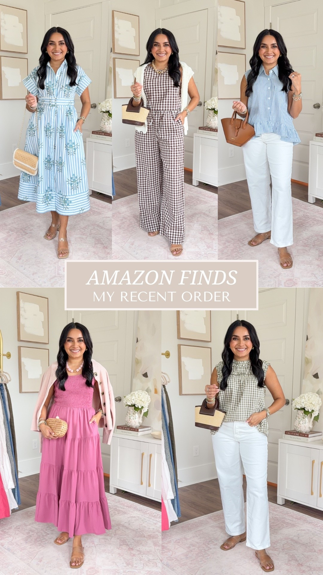 Amazon Try On - Spring and Summer Outfits!
For reference: I’m 5’0, petite, 32b bra size, and 2/26 in bottoms, pear shaped. 
*Everything I share is unaltered! TTS means true to size. Between size 5-6.5 in shoes

Blue floral dress size small TTS
Clear heels size 5 TTS

Brown coffee color gingham top size xs TTS
Brown plaid gingham pants size small TTS
Tan heels size 5 TTS
Cardigan size xs TTS

Blue stripe top size xs TTS
White jeans size 2 petite TTS
Clear sandals size 5.5 TTS

Pink peach color dress size small TTS
Shell pink cardigan size xs TTS
Clear sandals size 5.5 TTS

Olive green gingham top size small TTS
White jeans size 2 petite TTS
Clear sandals size 5.5 TTS

#LTKgrwm #LTKootd #LTKPetite
