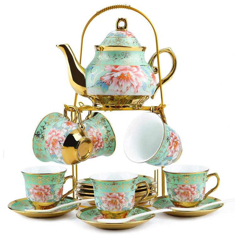 20 piezas Juego de té de porcelana con soporte de metal, juego de té para adultos, juego de té de cerámica europea para adultos, juego de taza y platillo de té con flores con pintura de flores doradas (verde fresco) | SHEIN