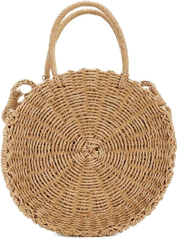 Straw Bags for Women,Hand-woven Straw Large Bag Round Handle Ring Tote Retro Summer Beach Rattan ... | Amazon (US)