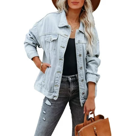 luvamia Women s Denim Jean Jacket Oversize Vintage denim jacket Long Sleeve Boyfriend Womens Jackets Lightweight Azure Mood Size S Fit Size 4 Size 6 | Walmart (US)