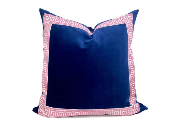 Navy Velvet Pillow Cover with Pink Greek Key Trim | Etsy | Etsy (US)