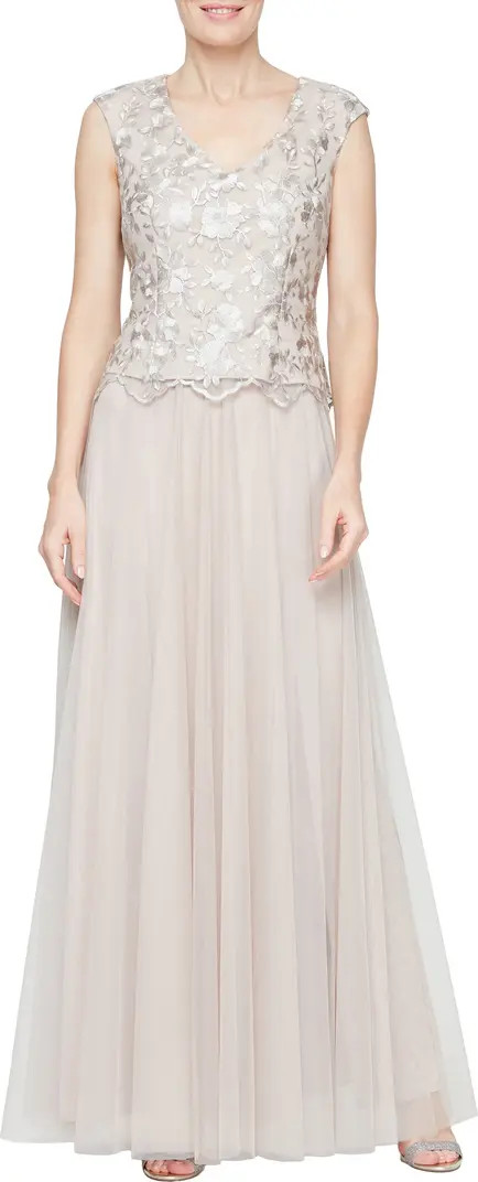 Embroidered Cap Sleeve Mock Evening Dress | Nordstrom