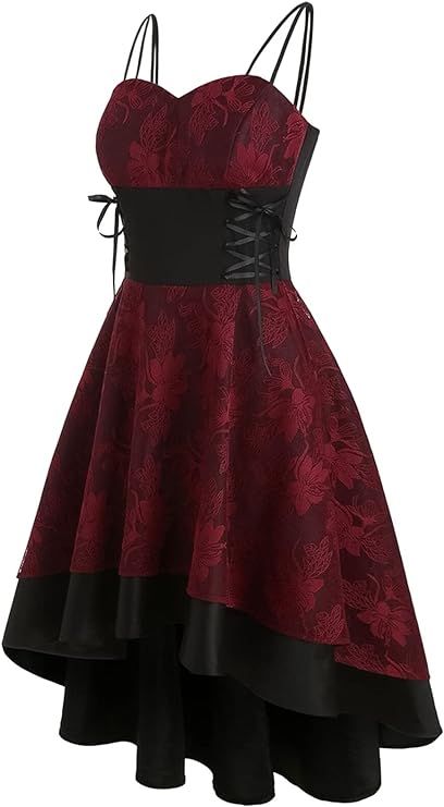 Women’s Vintage Steampunk Dress Spaghetti Strap Bandage Dresses Floral Lace High Low Dress Loli... | Amazon (US)