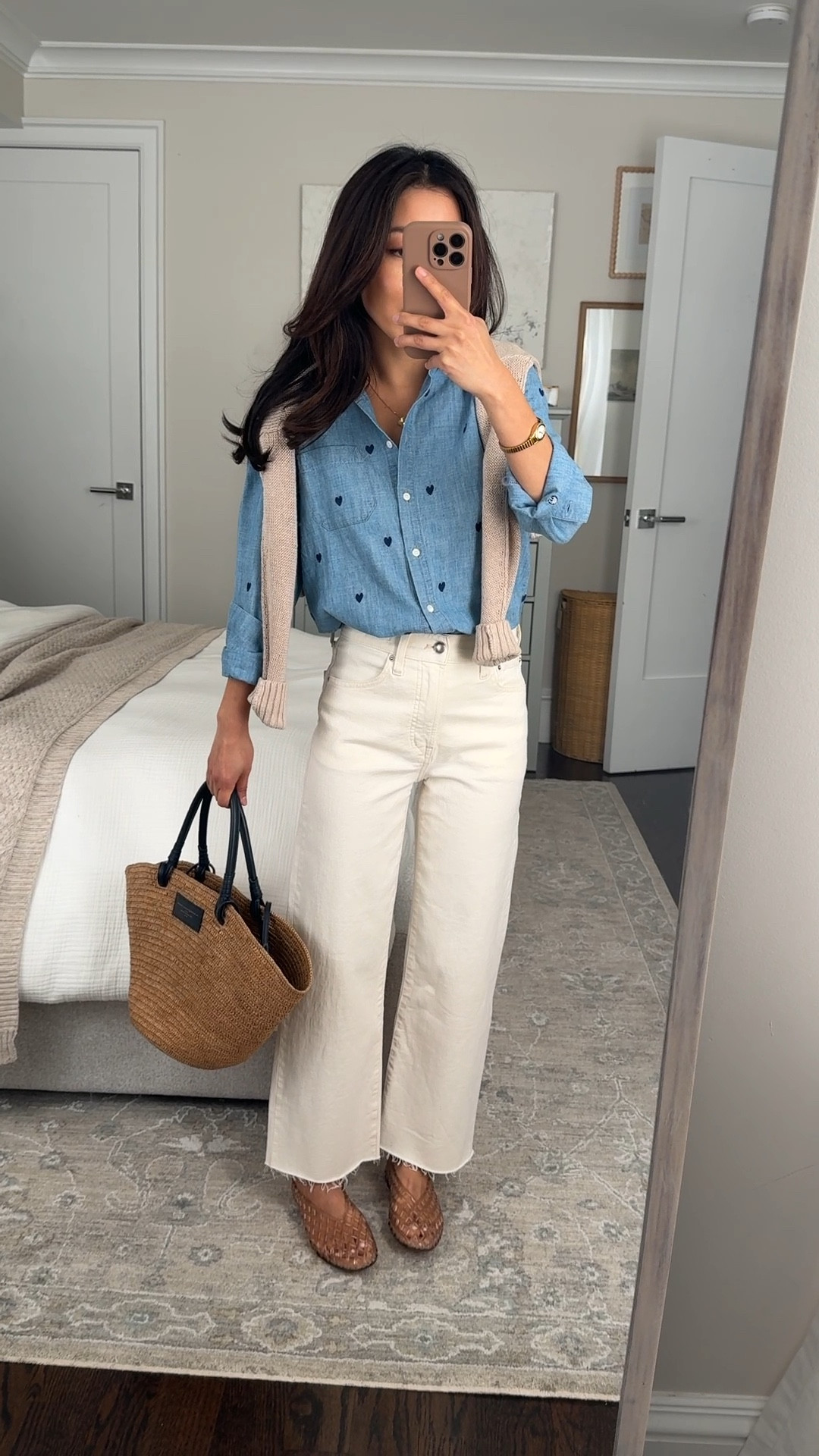 Sizing below!
• Madewell jeans 24 Short beautiful ecru color, touch of stretch for comfort
• Sezane embroidered hearts denim tomboy shirt 0 love this one! Classic fit.

• old color Madewell linen sweater xxs. The weight of these is great for warmer weather 

• Dolce Vita flats in Mocha size 5, size down if you’re a half size

• sezane straw tote

Spring casual outfit, white jeans, petite friendly, classic button down, spring summer 2026 style 

#LTKmomlife #LTKootd #LTKPetite