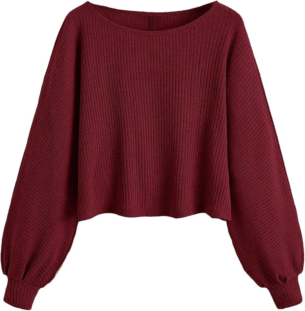 SweatyRocks Women's Casual Crewneck Raglan Long Sleeve Ribbed Knit Crop Top Cropped Sweater | Amazon (US)