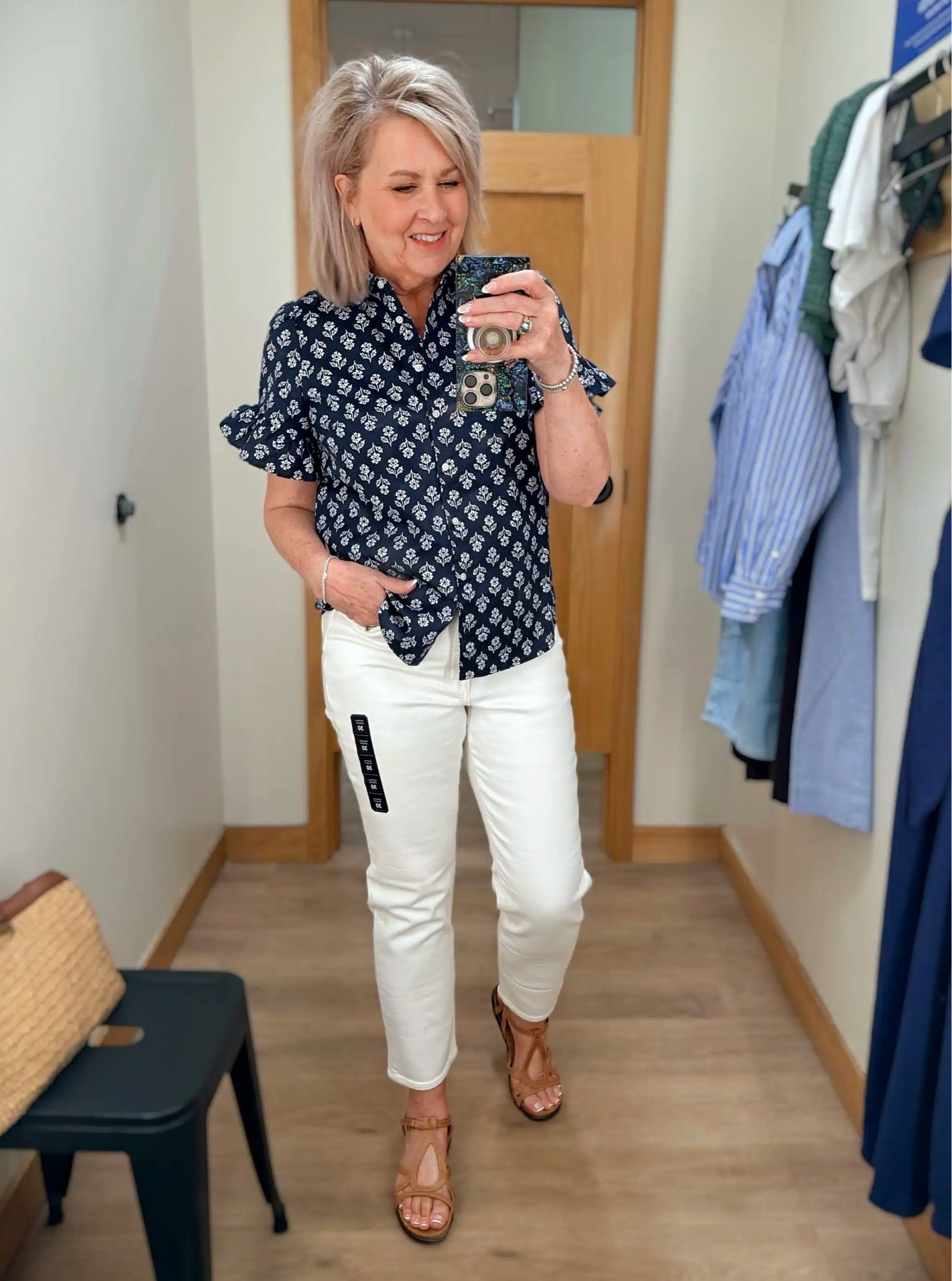 White jeans are so versatile. I styled these earlier with the striped blue top, but wanted to pair them with this floral blouse for a more feminine look. My top comes in multiple prints and is a medium. My jeans are a 30.

#LTKOver40 #LTKootd #LTKWorkwear