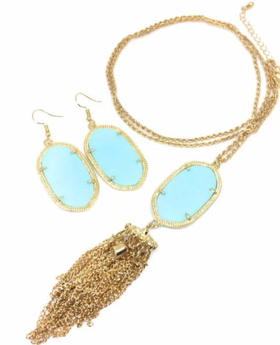 Tiffany Blue Oval Set-Tassel Necklace and Earrings in Gold Tone | Etsy (US)