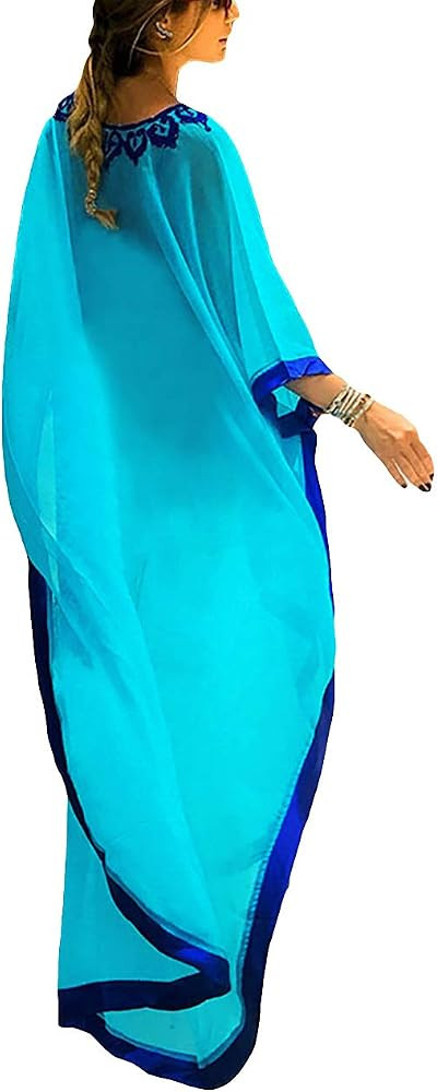 Bsubseach Women Blue Embroidery Chiffon Swimwear Turkish Kaftans Swimsuit Cover up Caftan Beach L... | Amazon (US)