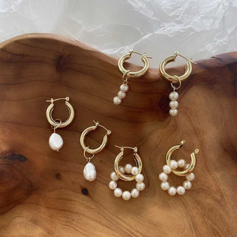 18K Gold Plated Hoop Earrings With Fresh-water Pearls | Etsy | Etsy (US)