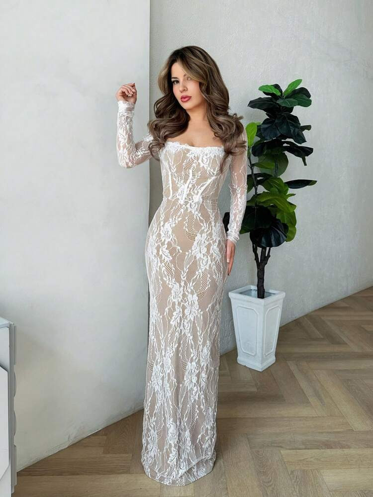 Jemour Women's Autumn/Winter Sexy S-Shape Lace Long Sleeve Cupped Bustier Tight Fitting Floor Length Bodycon Dress, Party, Date Night, Evening Occasion,Summer Dresses For Women,Tea Party Dress | SHEIN