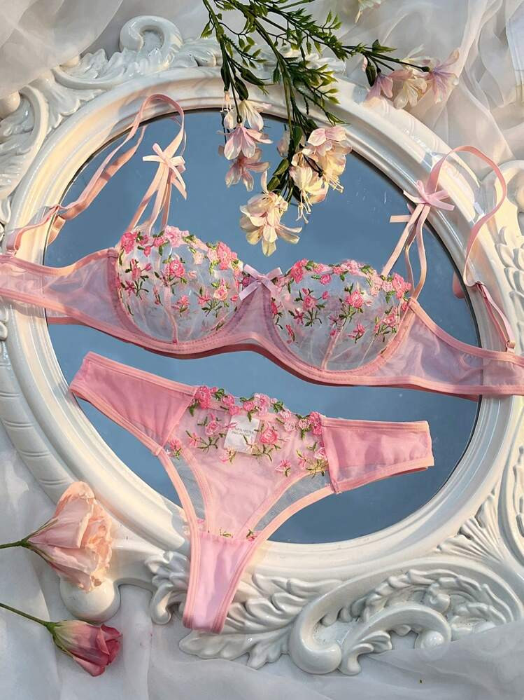 2 Piezas Conjunto De Lencería Sexy De Sujetador Y Pantie Con Bordado De Flores Románticas Y Lindas En Malla, Color Rosa | SHEIN