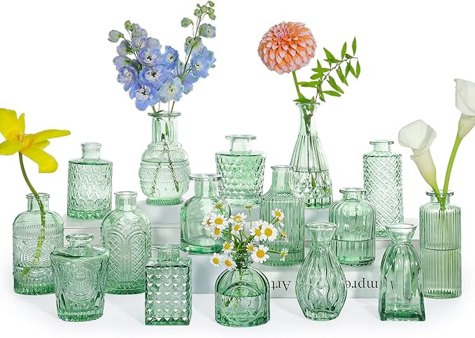 SUPMIND Glass Bud Vase Set, 16pcs Small Green Flower Vases for Table Centerpieces in Bulk, Mini V... | Amazon (US)