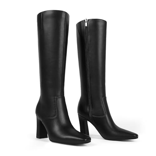 Easyfox Black Tall Boots for Women Chunky Heel Knee High Black Boots Square Toe Leather Long Boot Dress Block Heel Calf High Boot Size 8.5 | Amazon (US)