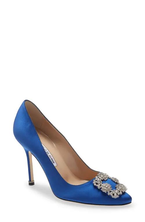 Manolo Blahnik Hangisi Crystal Buckle Pump in Blue Satin Clear/Buckle at Nordstrom, Size 5Us | Nordstrom