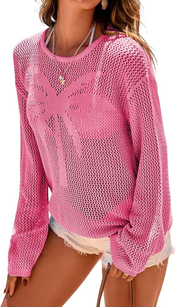 Dokotoo Womens Fashion 2026 Summer Crochet Hollow Out Long Sleeve Sweaters Casual Crewneck Pullov... | Amazon (US)