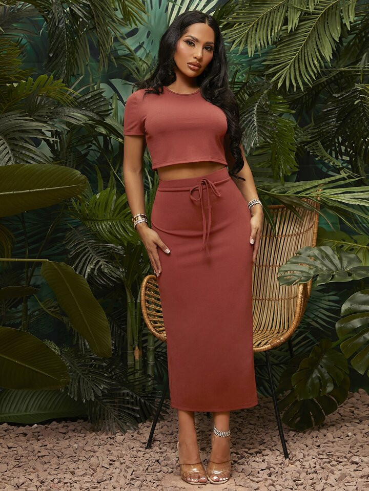 SHEIN SXY Solid Crop Tee and Knot Waist Skirt Set | SHEIN