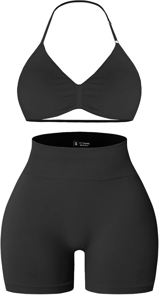 Women 2Piece Workout Sets Halter Sports Bra Gym Yoga shorts pilates Outfits | Amazon (US)
