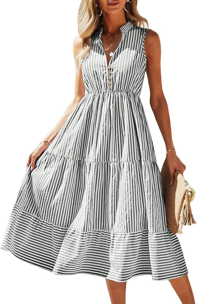Floerns Women's Striped Print Notched Neck Sleeveless Ruffle A Line Midi Dress | Amazon (US)