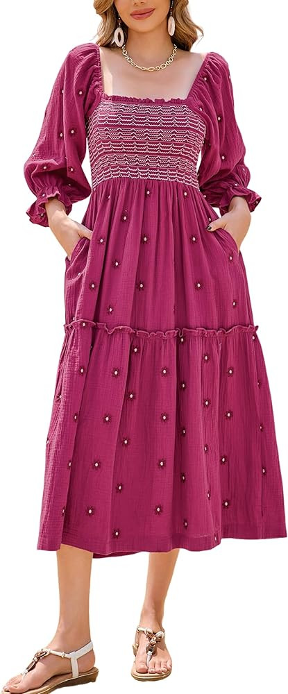 R.Vivimos Women's Long Sleeve Cotton Boho Midi Dress Vintage Square Neck Floral Embroidered Tiere... | Amazon (US)