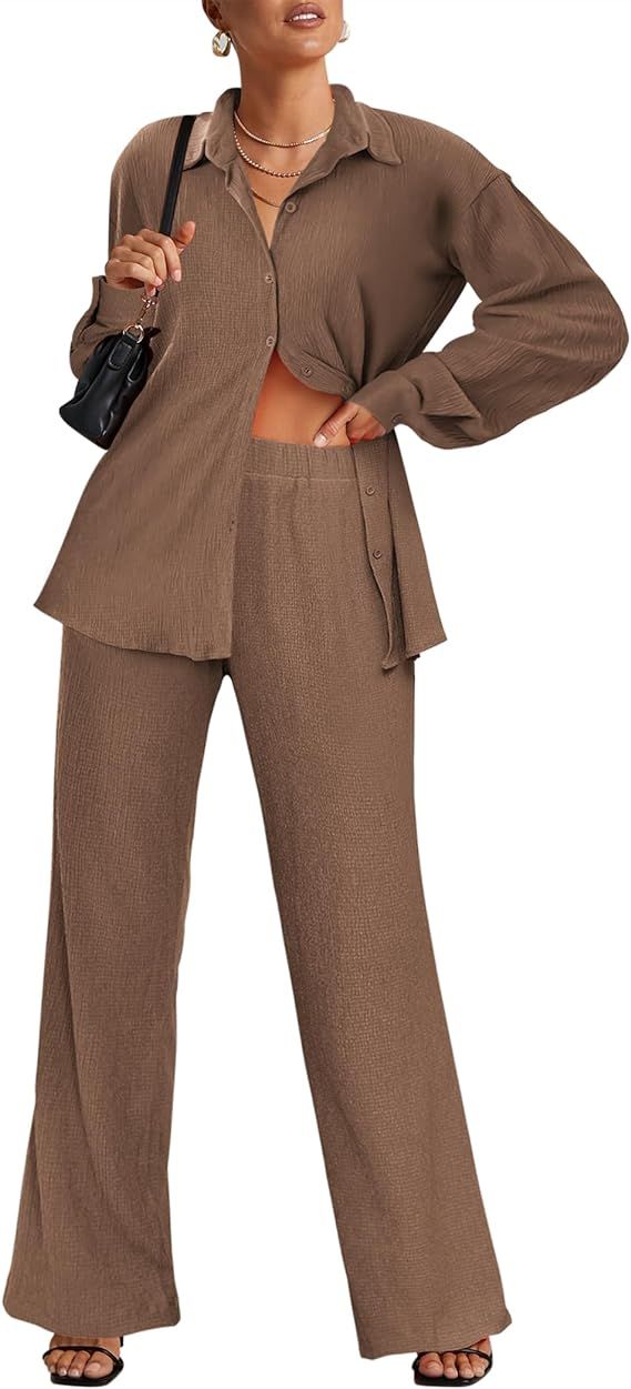 Ekouaer Lounge Set for Women 2 Piece Outfits Button Down Long Sleeve Pajamas Loungewear with Pock... | Amazon (US)