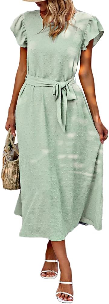 Galocmo Women's 2024 Summer Midi Dress with Pocket, Flutter Short Sleeve Tie Waist Crew Neck Loos... | Amazon (US)