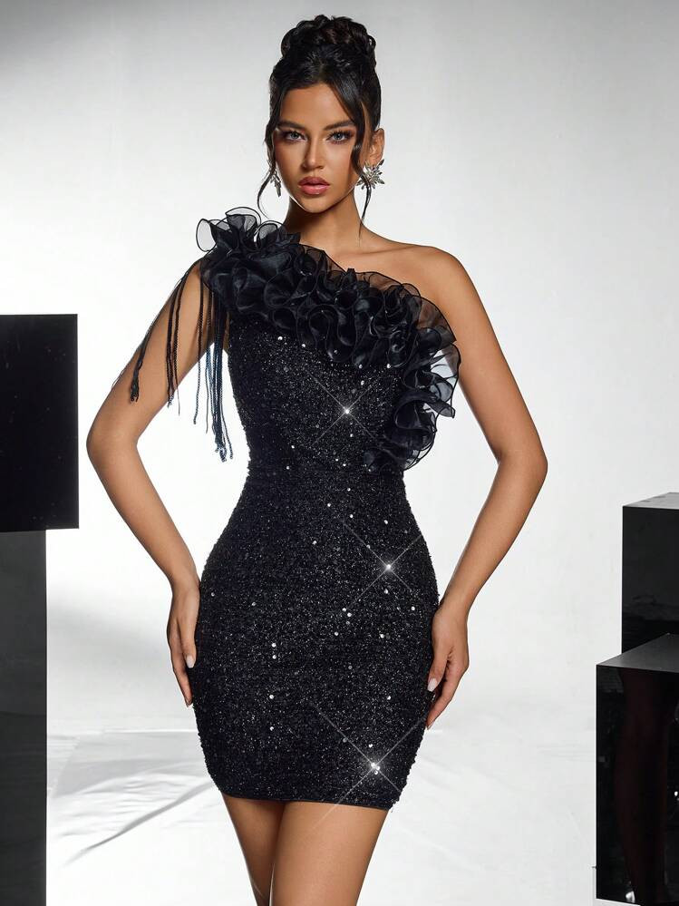 Lovelzi Elegant And Gorgeous Black Fine Sequin Contrast ​​Organza One-Shoulder Cocktail Dress, Suitable For Bachelor Party Evening Date, New Year, Prom Semi Formal Dress, For Birthday, Wedding Guest, Graduation, Dinner, Homecoming | SHEIN