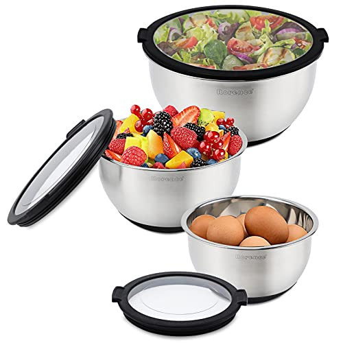 Rorence Stainless Steel Mixing Bowls with Transparent Lids Set, Nesting Metal Salad Bowls with Non-slip Silicone Bottom for Kitchen, Set of 3-1.5QT, 3QT, 5QT, Dishwasher Safe, Black | Amazon (US)