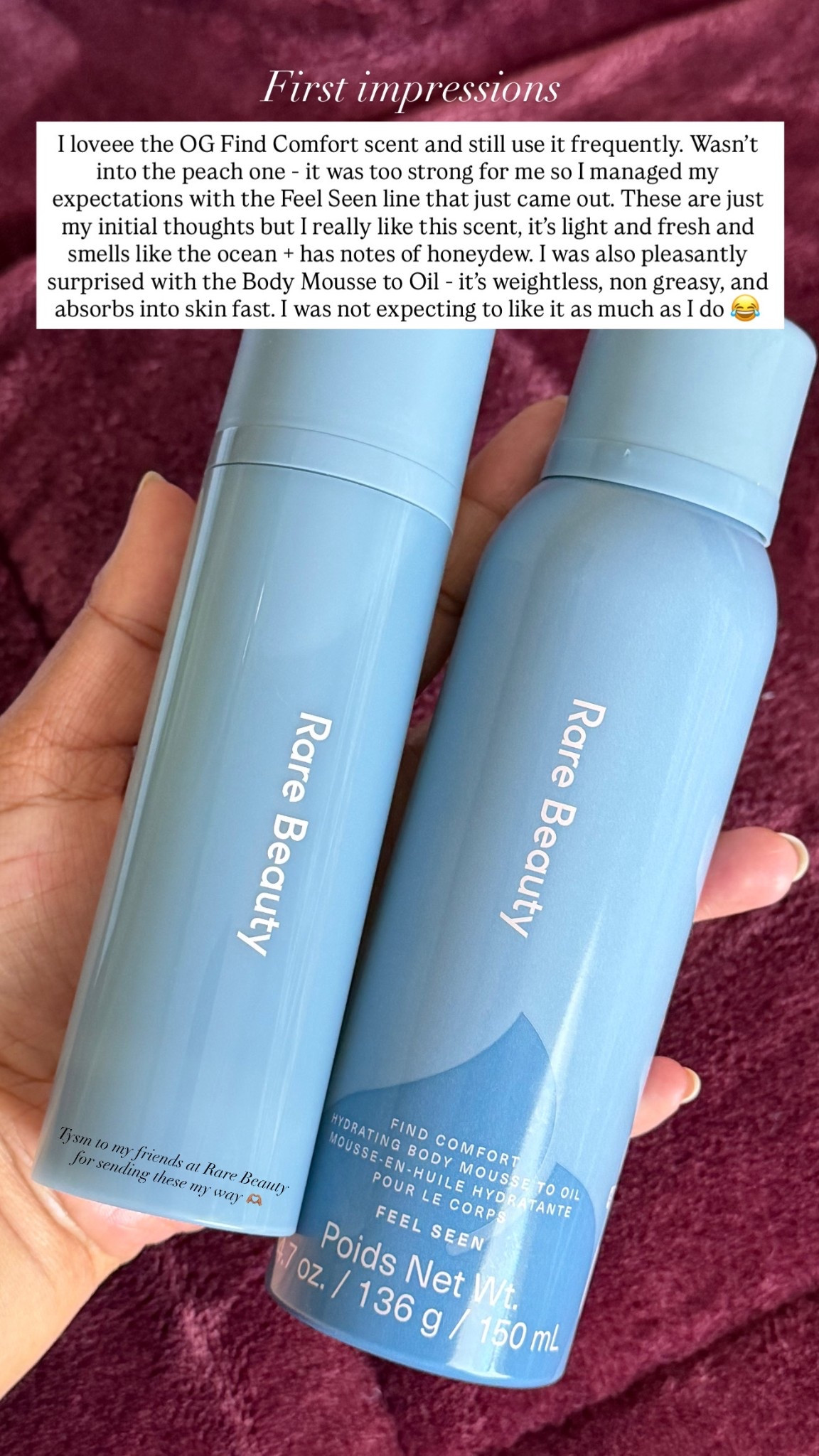 Find Comfort has been a staple for me since the first OG scent dropped. The Feel Seen line feels so fresh and light, like ocean air with a honeydew twist. I’m loving the new mousse-to-body oil—so lightweight and non-greasy, yet my skin stays hydrated all day. Also the packaging, the soft blue is so cozy and comforting. Do you plan on checking out this new line? It’s already sold out some places so grab it while you can! (Gifted)

#LTKFindsUnder50 #LTKBeauty #LTKmorningroutine