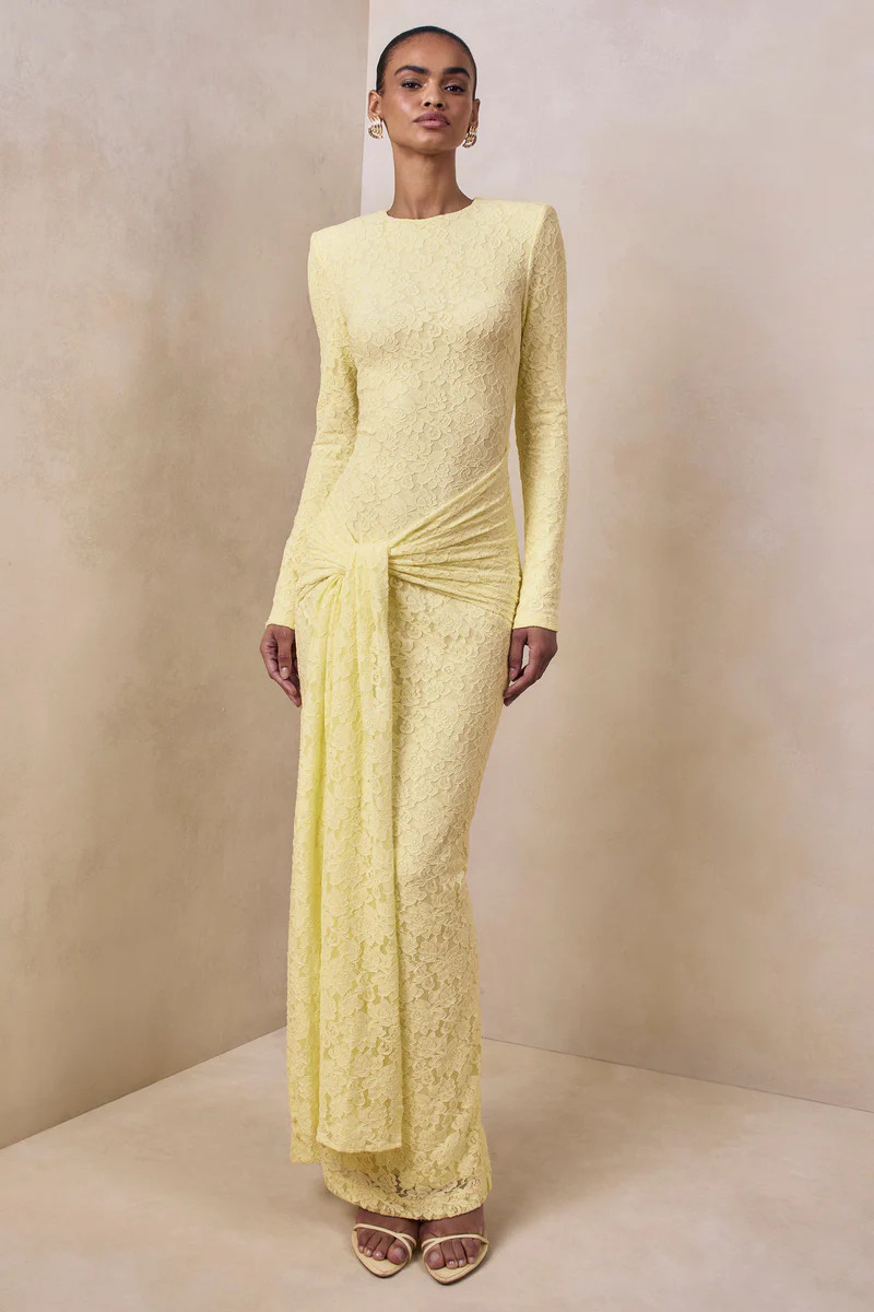 Evangela  Lemon Lace Crew-Neck Maxi Dress With Wrap-Detail | Club L London
