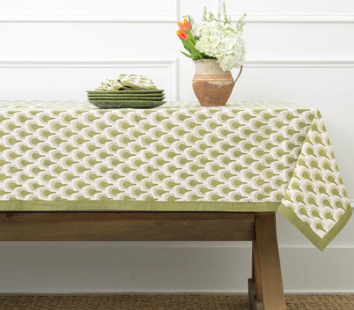 Geo Feather Moss 108" Round Tablecloth | House of Blum