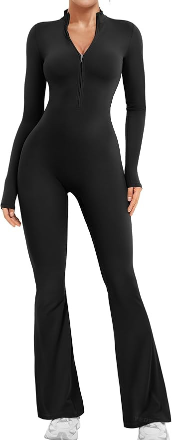 YEOREO Women Long Sleeve Flare Workout Jumpsuit Zip Up Romper Bottom Pants Wide Leg Bodysuit Body... | Amazon (US)