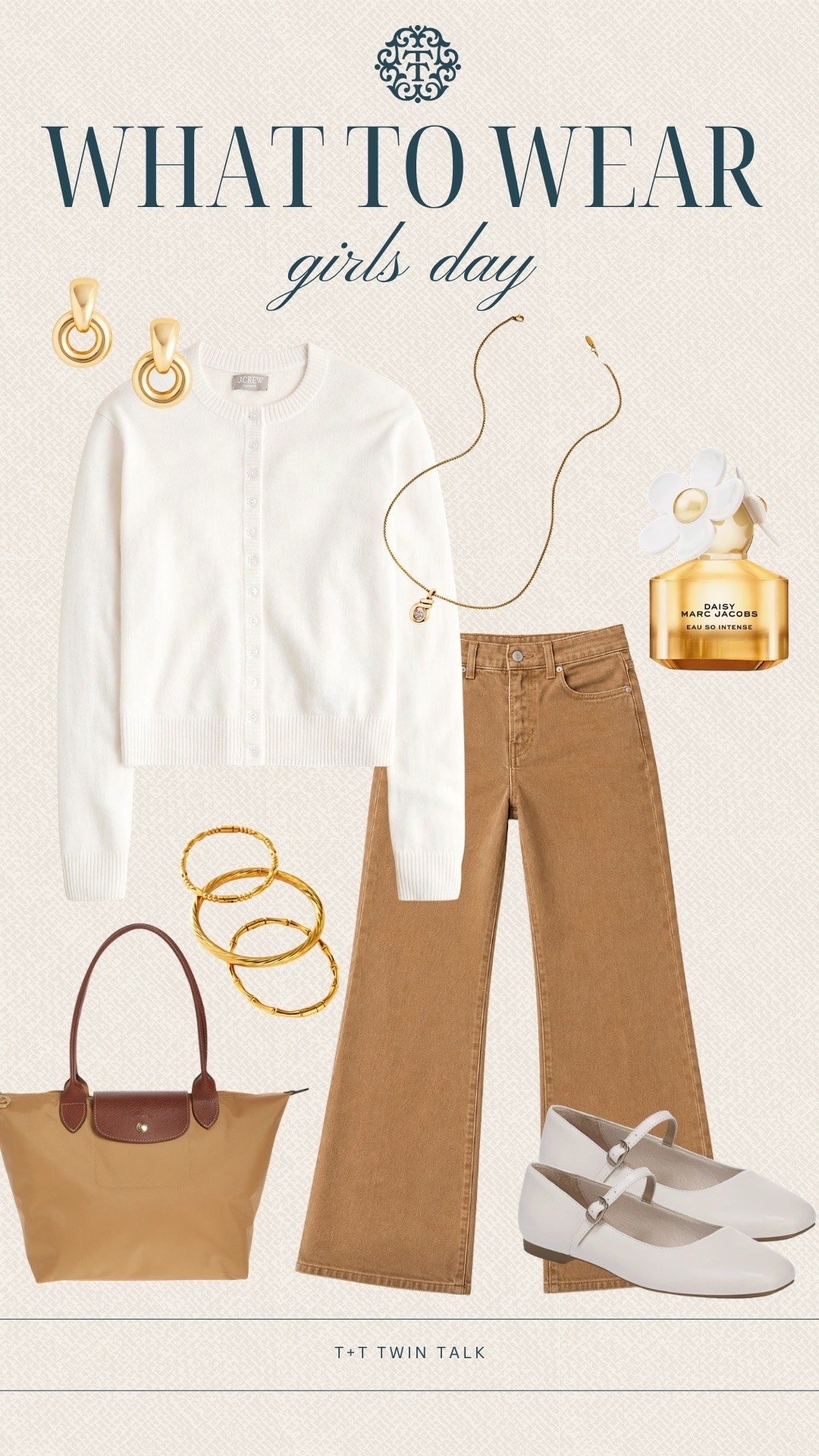 What to wear from T+T! We’re loving this J.Crew cardigan and wide-leg jeans paired with white Mary Janes, a brown tote, and gold accessories for a girls day. It’s a simple, cute look that works for shopping, lunch, or a day out with friends.

#LTKSeasonal #LTKOver40 #LTKMidsize