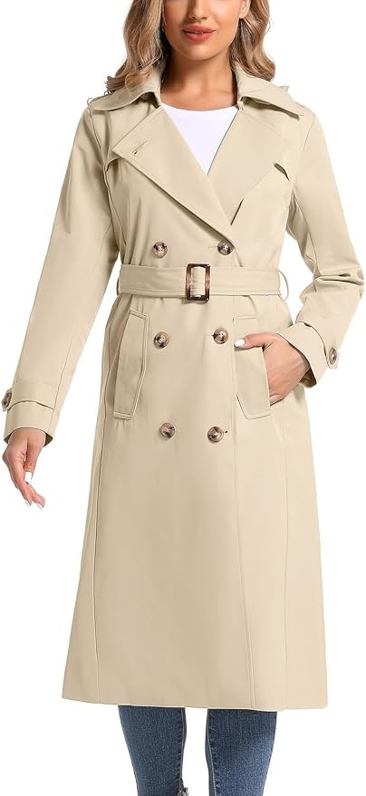 Women's Waterproof Long Trench Coat Double Breasted Length Classic Lapel Belt Coat With Removable... | Amazon (US)
