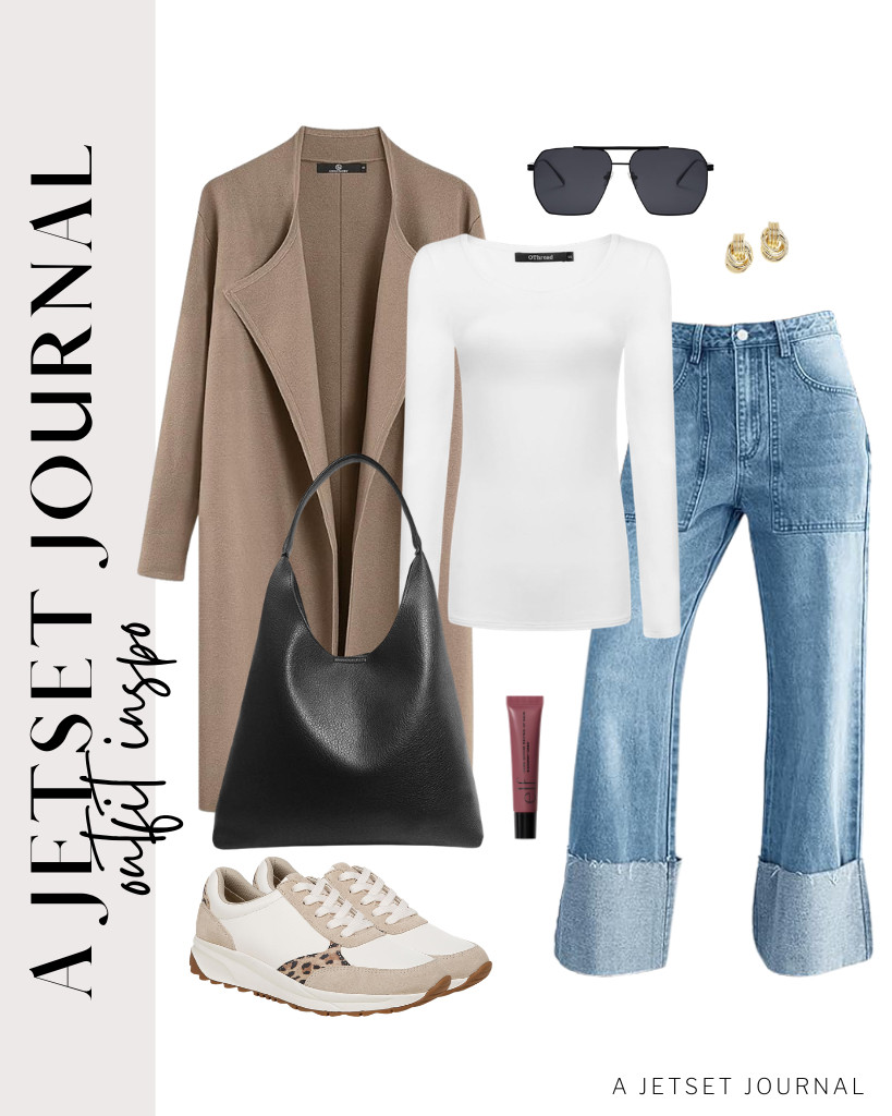 A leather tote bag will be the focal point of this coordinated trio: a white top, jeans, and a long cardigan. Accessorize with SOJOS metal frame sunglasses and chunky gold earrings. 

 #LTKSeasonal #LTKSaleAlert #LTKPetite