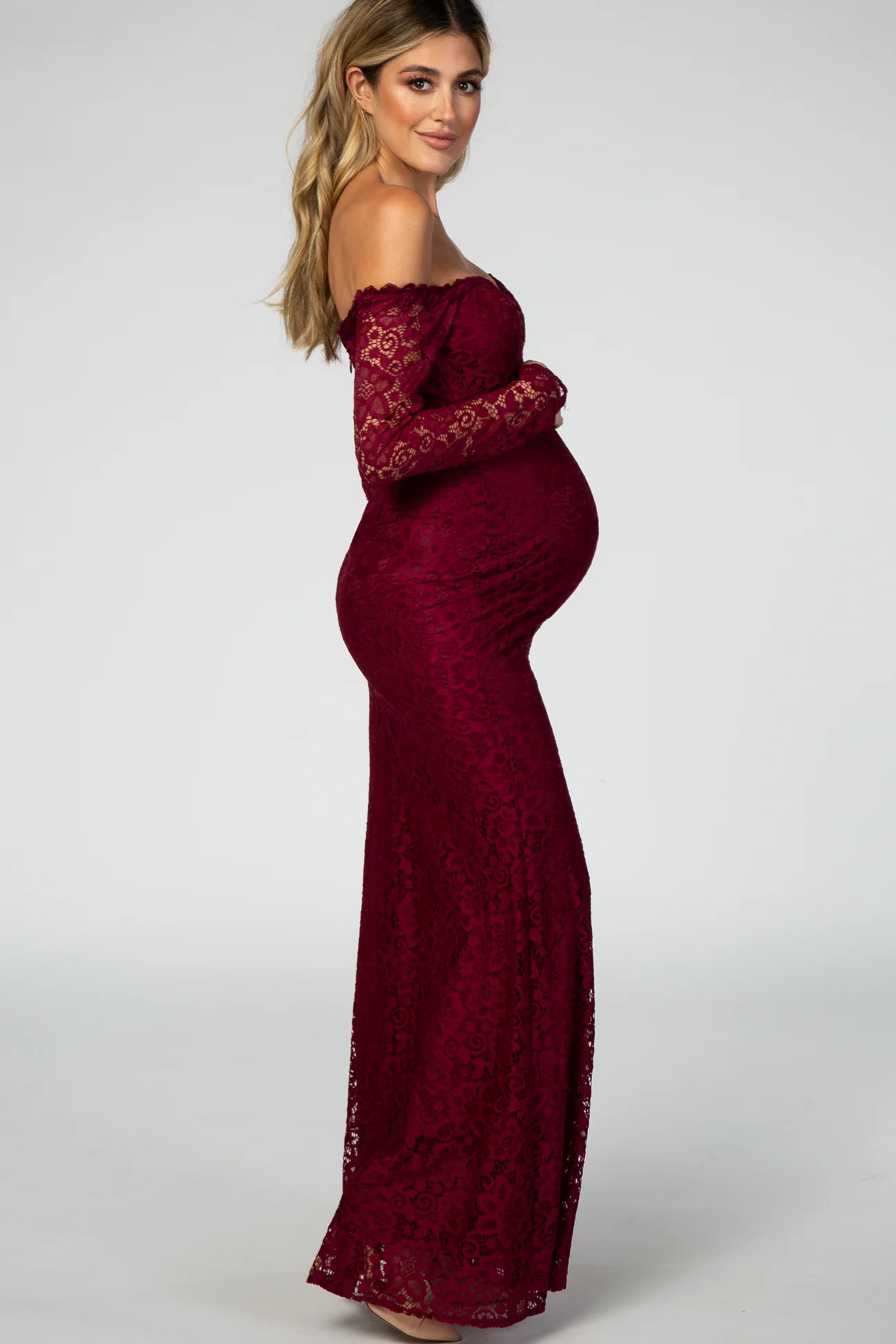 PinkBlush Burgundy Lace Off Shoulder Long Sleeve Maternity Maxi Dress | PinkBlush Maternity