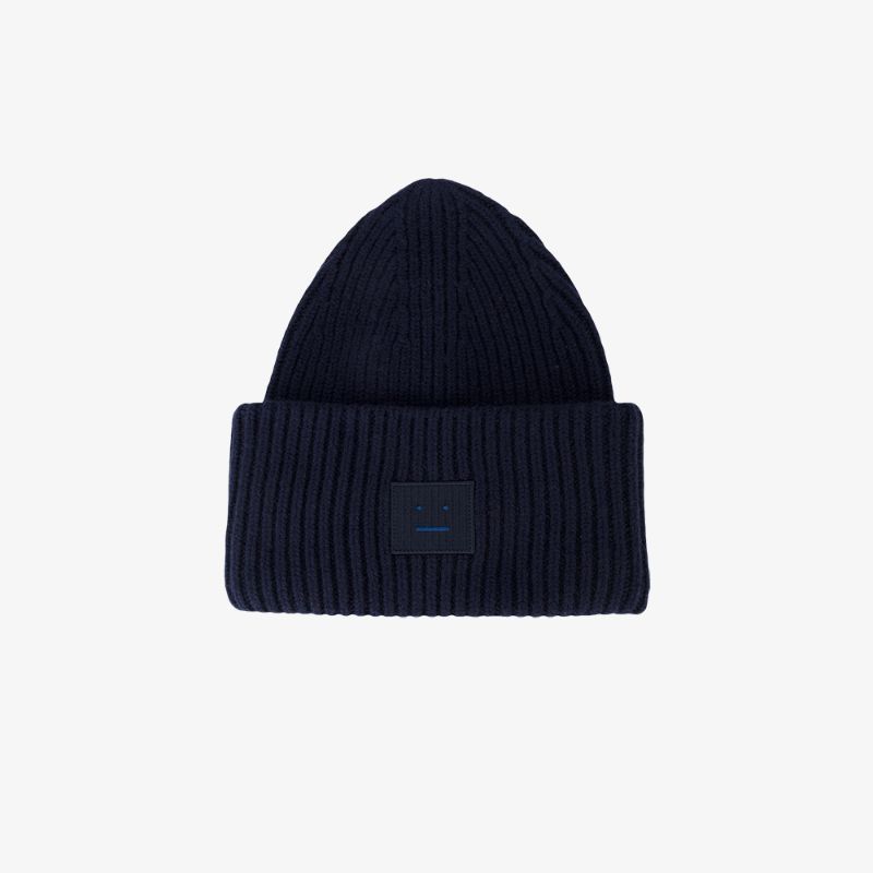 Acne Studios Navy Blue Pansy Ribbed Beanie | Browns Fashion