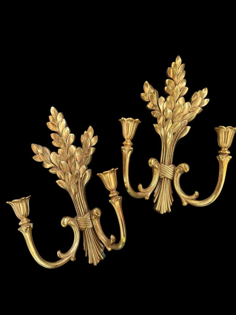 Pair of Vintage Homco Home Interiors Ornate Resin Gold Painted Double Wall Candleholders Wheat De... | Etsy (US)