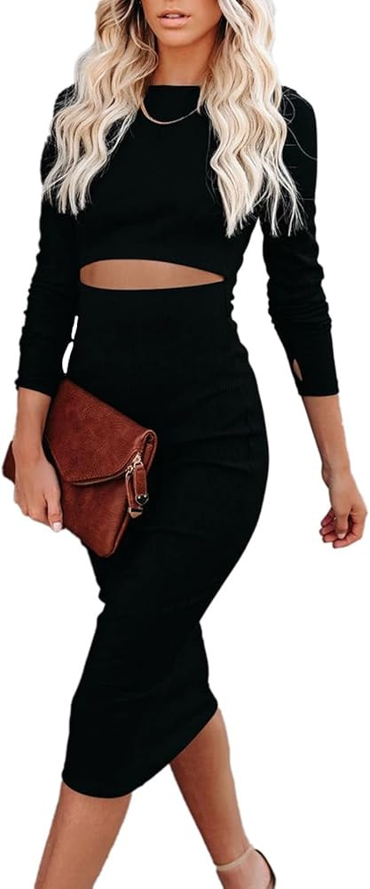 Pink Queen Womens Knit Dress Crew Neck Long Sleeve Sexy Bodycon Cutout Midi Dresses | Amazon (US)