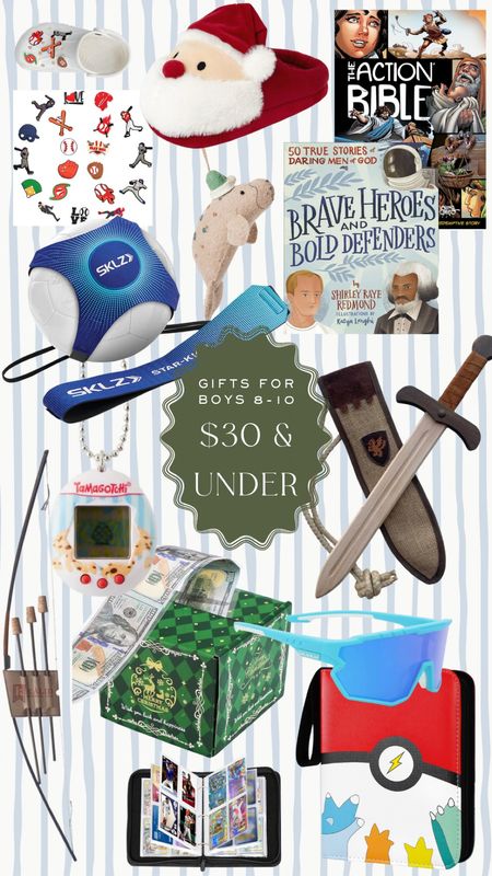 Gifts for boys aged 8-10 for $30 and under! Many of these toys and games are on my kids’ Christmas wish list this year.

Santa slippers for kids, croc embellishments, kids bible, books for boys, soccer toy, children’s ornament, play sword, tamagotchi, bow and arrow, cash box, ski sunglasses, playing cards booklet, gift ideas for kids 

#LTKfindsunder50 #LTKkids #LTKGiftGuide