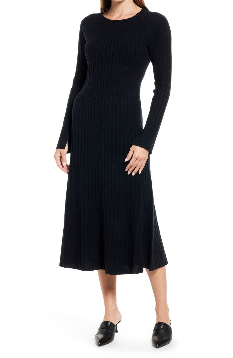 Rib Long Sleeve Midi Sweater Dress | Midi Dress | Fall Outfit | Winter | Black Sweater Dress | Nordstrom