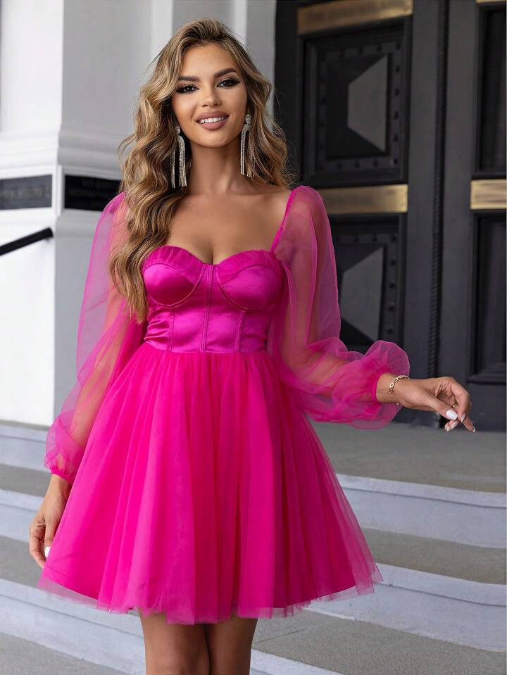 Joyfunear Sweetheart Neck Lantern Sleeve Mesh Overlay Dress | SHEIN