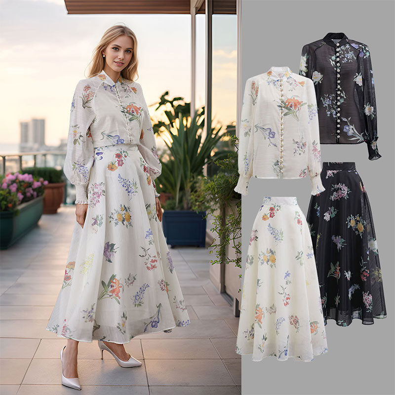 Botanical Printed Puff Sleeve Organza Shirt and Maxi Skirt Set in White for Garden Parties & Roma... | Chicwish