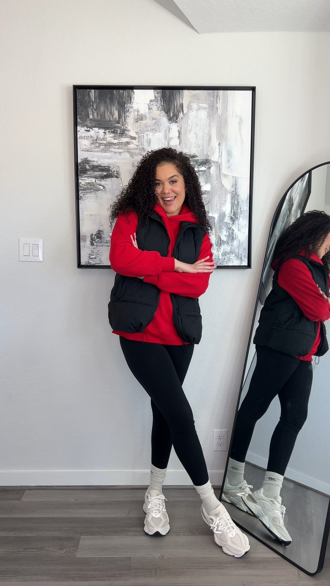 Casual mom winter outfit. Puffer vest, red hoodie, and black leggings outfit. New balance style.

#LTKStyleTip #LTKSeasonal #LTKShoeCrush