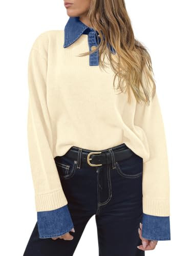 Saodimallsu Womens Denim Patchwork Sweaters V Neck Polo Pullover Tops | Amazon (US)