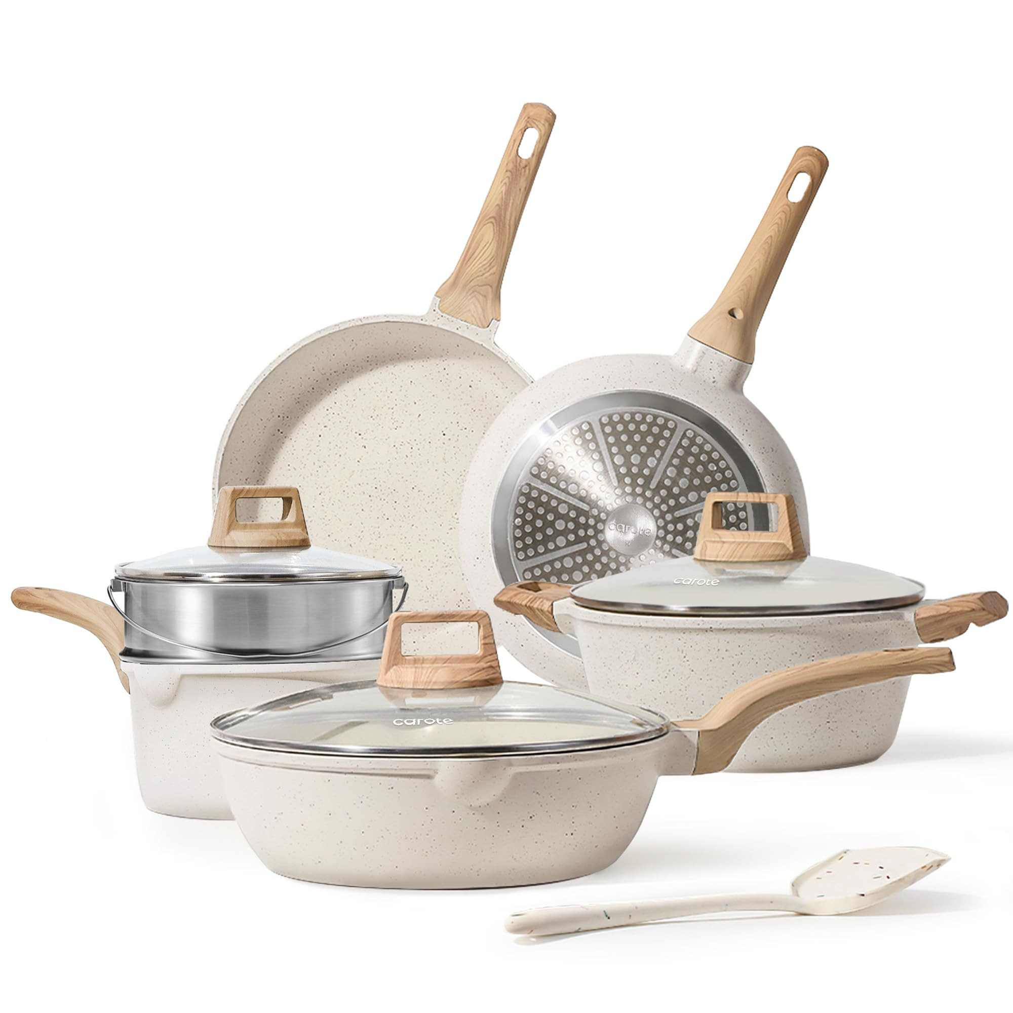 CAROTE Pots and Pans Set Nonstick, White Granite Induction Kitchen Cookware Set, 10 Pcs Non Stick... | Amazon (US)