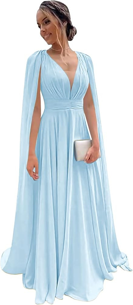 CIYUGNGJG Long Cape Bridesmaid Dress for Wedding V Neck Evening Dresses Chiffon Tie Prom Party Go... | Amazon (US)