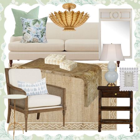 Interior design inspo; formal living room; living room chandelier; cane chair; cream sofa; end table; gourd lamp; grandmillennial home; home decor finds; jute rug; burl wood coffee table; martini table; interior styling 

#LTKhome #LTKsalealert #LTKFind