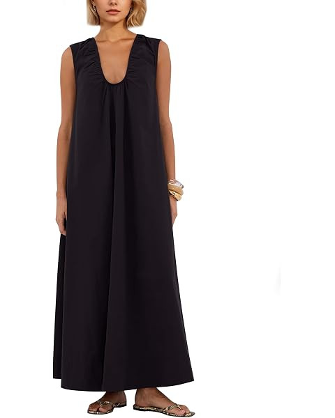 Livtany Women's Scoop Neck Ruched Maxi Dress Flowy Swing Wide Straps Long Dress Casual Sleeveless... | Amazon (US)