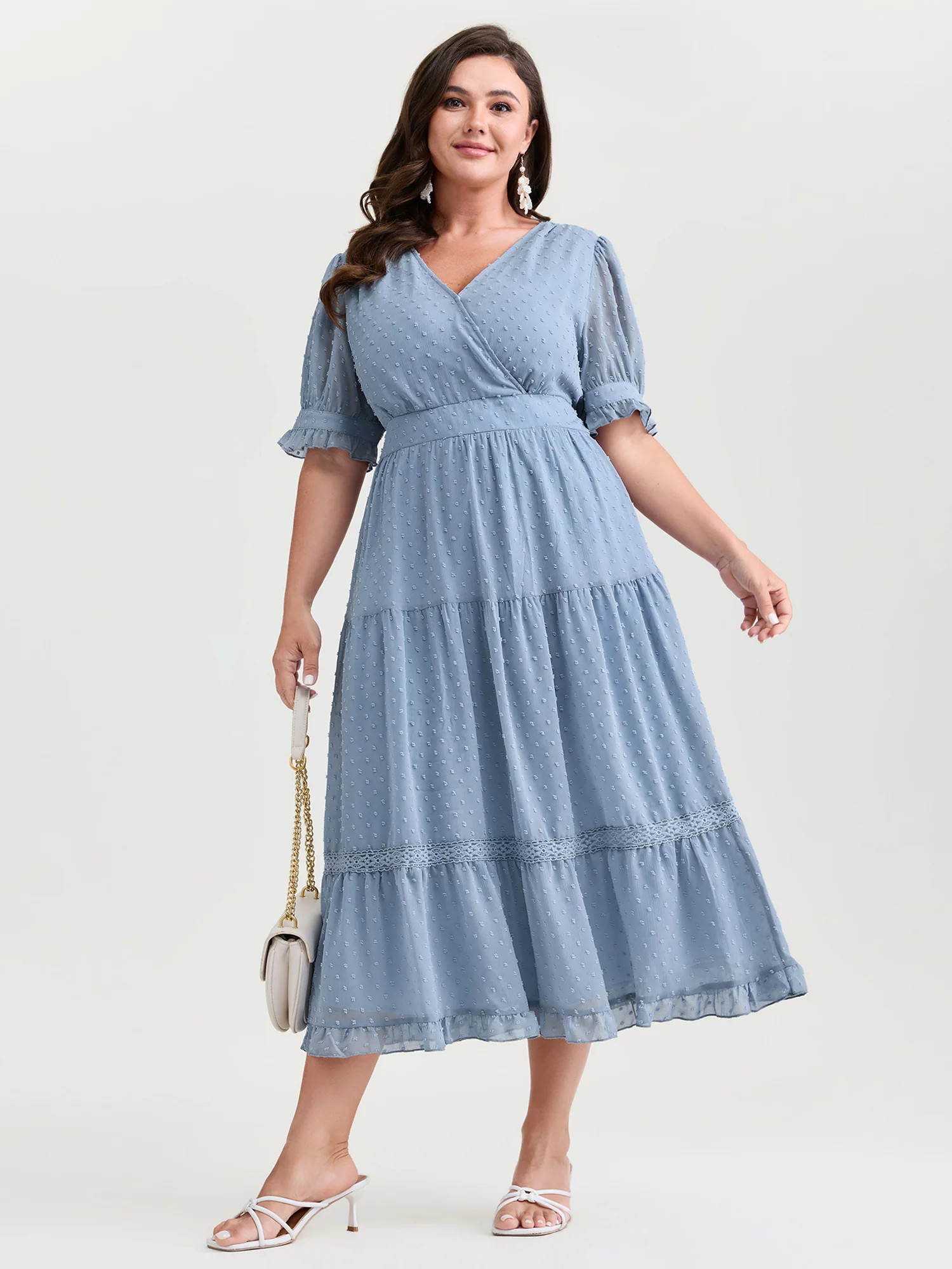 Textured Lace Trim Wrap Neckline Tiered Midi Dress | Bloomchic