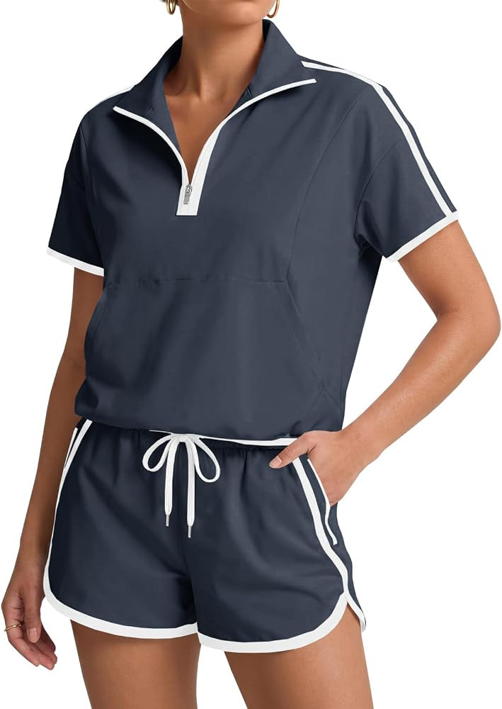 Fisoew Womens 2 Piece Outfits Zip V Neck Short Sleeve Pullover Tops Casual Shorts Tennis Running ... | Amazon (US)